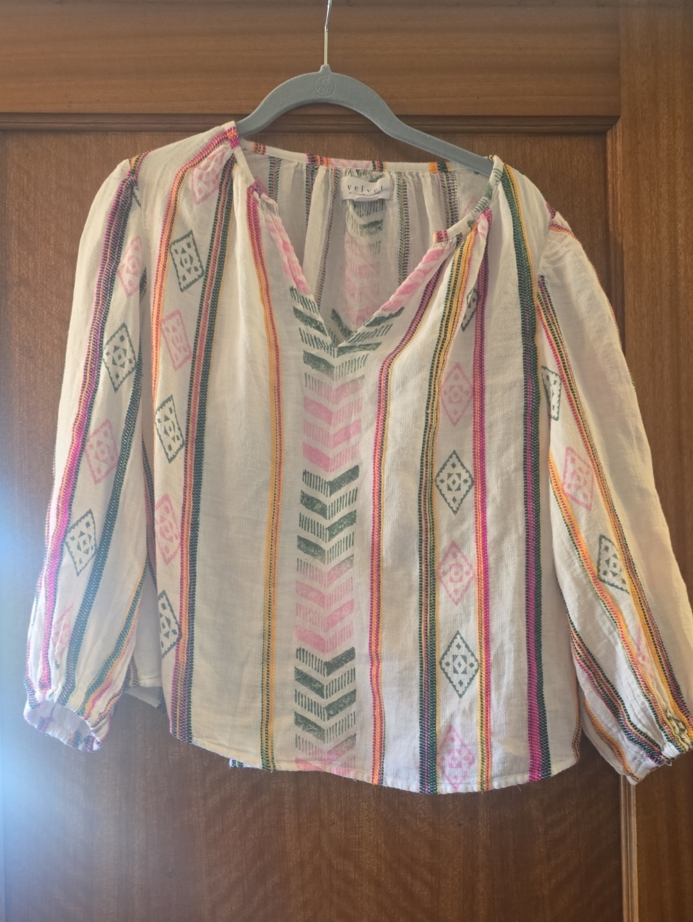Velvet by Graham & Spencer Cream Peasant Blouse with Pink & Green Embroidery